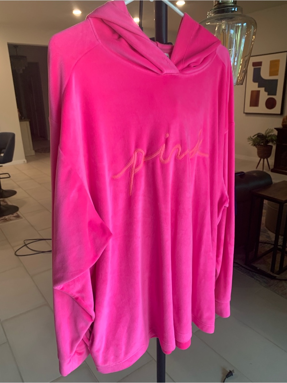 PINK Victoria's Secret Hot Pink Velour Hooded Pullover